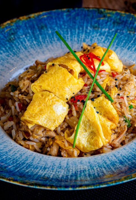 Vegetable and Egg Fried Rice with Peas and Scallions