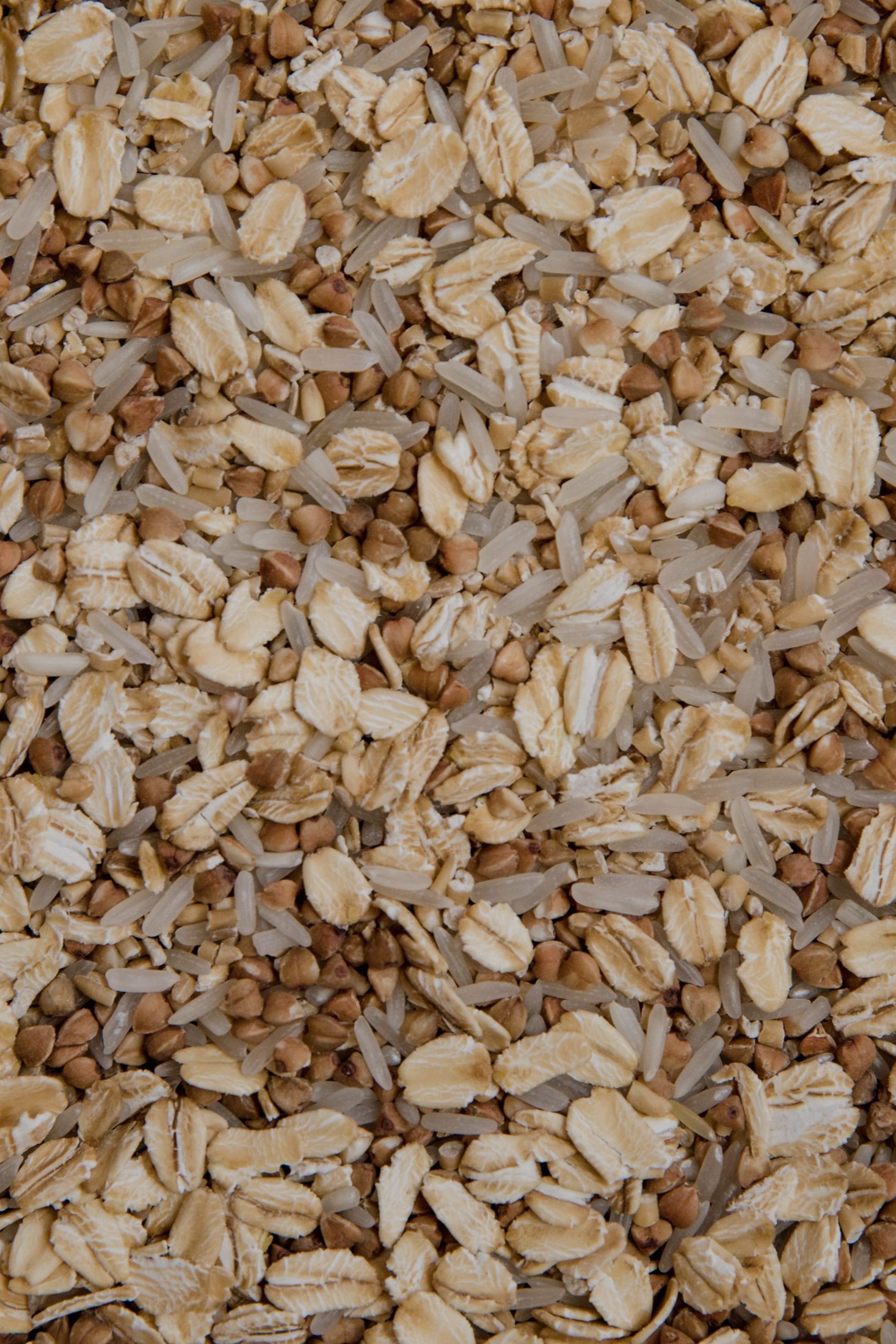 Close-up of rolled oat flakes filling the frame; not a visible mixed-grain assortment.