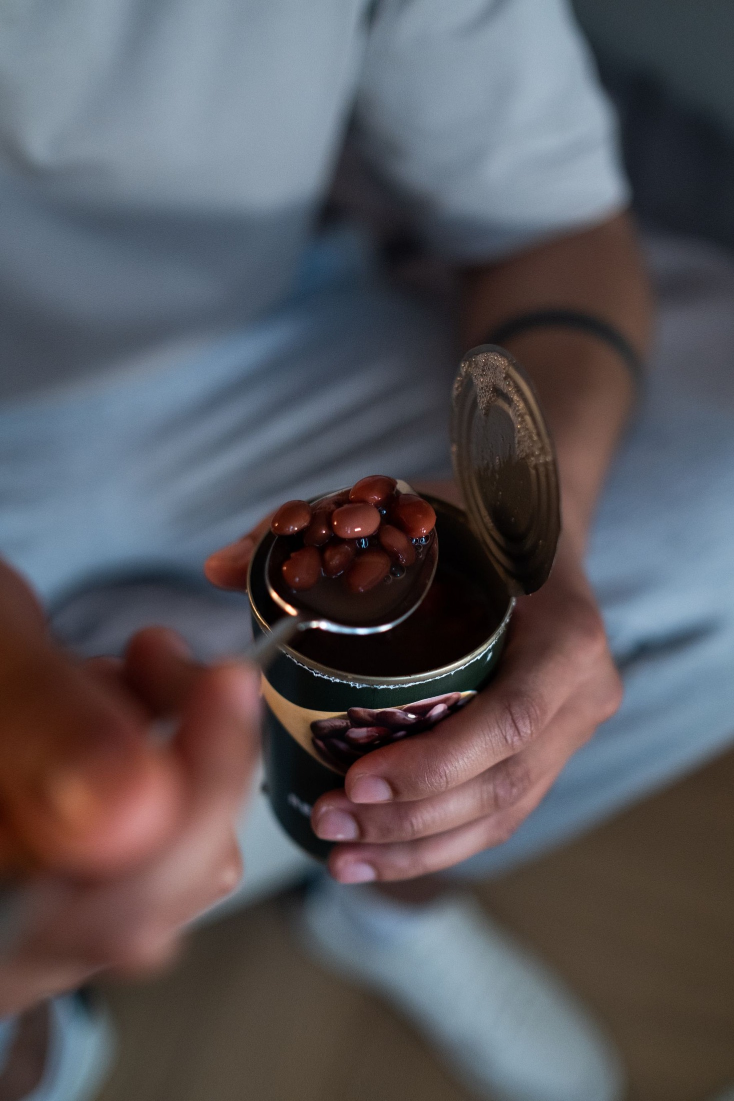 Spoonful of beans lifted from an opened can.